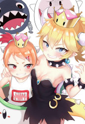 Rule 34 | 2girls, armlet, atg (wttoo0202), bare shoulders, blonde hair, blue eyes, blush, boo (mario), bowsette, bowsette jr., bracelet, breasts, chain chomp, child, cleavage, clenched teeth, collar, crown, food-themed hair ornament, hair ornament, hand on another&#039;s shoulder, highres, horns, jewelry, koopa clown car, looking at viewer, mario (series), multiple girls, mushroom hair ornament, new super mario bros. u deluxe, nintendo, orange hair, pointy ears, ponytail, red eyes, sharp teeth, shirt, short hair, side ponytail, simple background, sleeveless, sleeveless shirt, small breasts, spiked armlet, spiked bracelet, spiked collar, spikes, super crown, tail, teeth, white background, white shirt