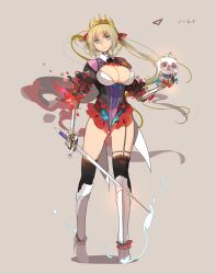 Rule 34 | 1girl, blonde hair, blue eyes, breasts, cleavage, cleavage cutout, closed mouth, clothing cutout, crown, empty eyes, grey background, highres, holding, holding skull, holding sword, holding weapon, kneehighs, large breasts, pixiv fantasia, pixiv fantasia fallen kings, sakura sora, simple background, skull, socks, solo, standing, sword, thighs, twintails, weapon