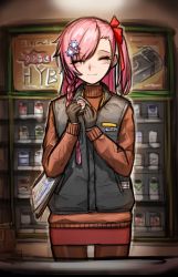 Rule 34 | 1girl, alternate costume, artist request, chart, convenience store, english text, closed eyes, gimbap, girls&#039; frontline, hair ornament, hexagram, highres, name tag, negev (girls&#039; frontline), pantyhose, pink hair, refrigerator, sad smile, shop, sleeveless jacket, smile, solo, star of david, sweater, tears