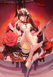 Rule 34 | 1girl, absurdres, apron, atdan, azur lane, bare legs, bare shoulders, barefoot, black dress, black hair, blunt bangs, breasts, cake, cream on body, detached sleeves, dress, feet, flower, food, fork, fruit, full body, highres, holding, holding food, holding fruit, holding ribbon, horns, long hair, looking at viewer, maid headdress, manjuu (azur lane), medium breasts, noshiro (azur lane), noshiro (hold the ice) (azur lane), official alternate costume, oni horns, pink ribbon, puffy short sleeves, puffy sleeves, purple eyes, red flower, red rose, ribbon, rose, short sleeves, sitting, soles, solo, strawberry, thorns, toes, twintails, very long hair, white apron