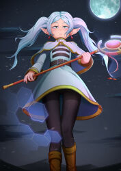 Rule 34 | 1girl, absurdres, atpoppet, belt, black pantyhose, blush, boots, brown footwear, capelet, commentary, dangle earrings, dress, earrings, elf, energy barrier, flying, frieren, full moon, green eyes, highres, holding, holding staff, jewelry, long hair, looking at viewer, magic, moon, pantyhose, parted bangs, pointy ears, shirt, solo, sousou no frieren, staff, striped clothes, striped shirt, twintails, upskirt, white capelet, white dress, white hair