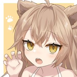 Rule 34 | 1girl, ahoge, animal ears, bare shoulders, blush, brown background, brown hair, claw pose, collarbone, commentary request, hair between eyes, hand up, highres, indie virtual youtuber, lion ears, long hair, looking at viewer, open mouth, paw print, paw print background, portrait, rurudo lion, solo, spaghetti strap, teeth, two-tone background, upper teeth only, usagi1923, virtual youtuber, white background, yellow eyes