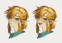 Rule 34 | 1boy, absurdres, blonde hair, blue eyes, blue shirt, blush, earrings, frown, grey background, hair between eyes, highres, jewelry, link, looking at viewer, low ponytail, male focus, medium hair, montaro, multiple views, nintendo, open mouth, pointy ears, portrait, shirt, sidelocks, smile, solo, teeth, the legend of zelda, the legend of zelda: breath of the wild, upper teeth only