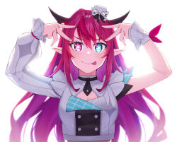 Rule 34 | 1girl, :p, arms up, asymmetrical sleeves, blue eyes, breasts, buttons, cleavage, commentary, crop top, dasdokter, demon horns, double-breasted, double v, english commentary, hat, heterochromia, highres, hololive, hololive english, hololive idol uniform (bright), horns, idol clothes, irys (hololive), jacket, long hair, looking at viewer, medium breasts, mini hat, multicolored hair, nail polish, necktie, oshi no ko, pink eyes, pink nails, plaid, pointy ears, pose imitation, purple hair, red hair, short necktie, solo, star-shaped pupils, star (symbol), symbol-shaped pupils, tongue, tongue out, uneven sleeves, upper body, v, very long hair, virtual youtuber, white background, white jacket, wrist cuffs