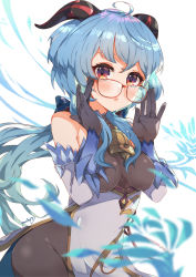 Rule 34 | 1girl, absurdres, bell, bespectacled, black bodysuit, black gloves, blue hair, bodysuit, bodysuit under clothes, breasts, cowbell, dress, elbow gloves, eyebrows hidden by hair, floating hair, ganyu (genshin impact), genshin impact, glasses, gloves, heart, highres, horns, long hair, medium breasts, po pooch, solo, very long hair, white background, white dress