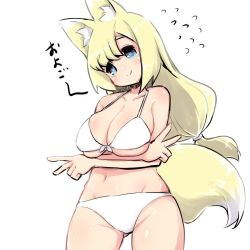 Rule 34 | 1girl, animal ear fluff, animal ears, arms under breasts, bare arms, bare shoulders, bikini, blonde hair, blue eyes, blush, breast hold, breasts, cleavage, closed mouth, collarbone, commentary request, cowboy shot, double v, flying sweatdrops, fox ears, fox girl, fox tail, front-tie top, gluteal fold, groin, hair between eyes, head tilt, large breasts, long hair, low-tied long hair, navel, original, simple background, skindentation, smile, solo, swimsuit, tail, thick eyebrows, translated, u-non (annon&#039;an), v, very long hair, white background, white bikini