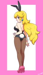 Rule 34 | 1girl, :o, alternate costume, animal ears, arm at side, ass, back, bare shoulders, black leotard, blonde hair, blue eyes, breasts, brown pantyhose, detached collar, earrings, fake animal ears, from behind, full body, high heels, highres, jewelry, legs together, leotard, long hair, looking at viewer, mario (series), medium breasts, nintendo, open mouth, pantyhose, pink footwear, playboy bunny, princess peach, rabbit ears, rabbit tail, shoes, sideways mouth, solo, standing, strapless, strapless leotard, tail, takahashi umori, thigh gap, very long hair, wrist cuffs