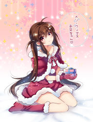 1girl blush boots box brown_eyes brown_hair capelet commentary_request dress female_focus fur-trimmed_boots fur-trimmed_capelet fur-trimmed_dress fur-trimmed_gloves fur_trim gift gift_box gloves hair_between_eyes hano_haruka holding holding_gift long_hair looking_at_viewer original red_boots red_capelet red_dress red_gloves santa_costume sitting smile solo translation_request twintails very_long_hair wariza