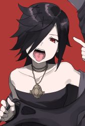 Rule 34 | 1boy, anjupai (pixiv), black hair, clothes around waist, death (entity), dress, fangs, grim reaper, jacket, jacket around waist, jewelry, necklace, open mouth, original, pale skin, red eyes, short hair, simple background, solo, tongue, tongue out, trap