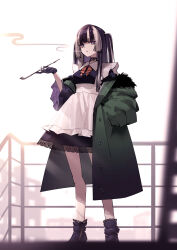 Rule 34 | 1girl, absurdres, adarin, ankle boots, apron, black choker, black gloves, black hair, blue eyes, blunt bangs, boots, choker, coat, dress, frilled apron, frills, full body, gloves, green coat, grey hair, highres, hololive, hololive dev is, juufuutei raden, lace, lace choker, lace trim, long hair, looking at viewer, maid, maid apron, maid headdress, multicolored hair, off shoulder, short dress, simple background, smoking, smoking pipe, standing, streaked hair, twintails, two-tone hair, virtual youtuber, white background