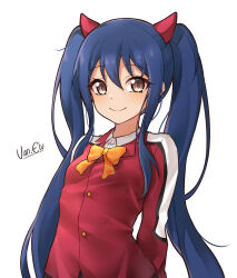 Rule 34 | 1girl, blue hair, bow, bowtie, brown eyes, commentary, fairy tail, hair between eyes, hairpods, highres, jacket, long hair, long sleeves, looking at viewer, official alternate costume, orange bow, orange bowtie, red jacket, sidelocks, simple background, smile, solo, twintails, upper body, van.elv, very long hair, wendy marvell, white background