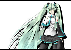Rule 34 | 1girl, absurdres, aqua hair, bare shoulders, colorized, detached sleeves, green eyes, hatsune miku, headset, highres, kamata yuuya, letterboxed, long hair, megaphone, necktie, shinoi, skirt, solo, thighhighs, twintails, very long hair, vocaloid