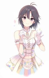 Rule 34 | 1girl, a1001047591, absurdres, antenna hair, armband, bare shoulders, black hair, blush, breasts, closed mouth, clothing cutout, collar, cropped legs, detached collar, dot nose, dress, frilled armband, frills, gloves, hair between eyes, hands up, highres, idolmaster, idolmaster (classic), idolmaster million live!, idolmaster million live! theater days, jewelry, kikuchi makoto, lace-trimmed collar, lace trim, looking at viewer, midriff, multicolored clothes, multicolored dress, navel, navel cutout, necklace, open hand, pearl necklace, purple eyes, short hair, simple background, sleeveless, sleeveless dress, small breasts, smile, solo, sparkle, white background, white collar, white gloves