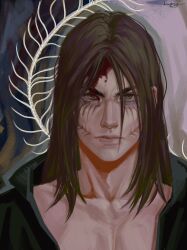Rule 34 | 1boy, blood, blood on face, boopsy, brown hair, collarbone, eren yeager, expressionless, facial mark, frown, green eyes, highres, jacket, looking at viewer, male focus, medium hair, no shirt, open clothes, open jacket, painterly, portrait, realistic, rotational symmetry, shingeki no kyojin, solo, spine, straight-on, thick eyebrows