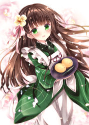 Rule 34 | 1girl, :d, ama usa an uniform, apron, blush, bow, brown hair, carrying, dress, floating hair, floral background, flower, frills, gochuumon wa usagi desu ka?, green dress, green eyes, hair flower, hair ornament, japanese clothes, knife, long hair, long sleeves, looking at viewer, nogi takayoshi, open mouth, plate, polka dot, rose, smile, solo, striped clothes, striped dress, ujimatsu chiya, vertical-striped clothes, vertical-striped dress, waitress, wide sleeves