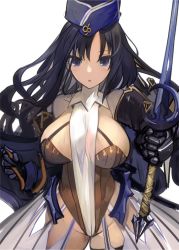 Rule 34 | 1girl, black hair, blue eyes, breasts, curvy, gauntlets, large breasts, long hair, looking at viewer, parted lips, pupps, simple background, smile, solo, sword, thick thighs, thighs, veins, veiny breasts, weapon, white background, wide hips