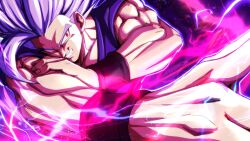 Rule 34 | 1boy, absurdres, aiming, broonoart, commentary, dragon ball, dragon ball super, dragon ball super super hero, electricity, gohan beast, grin, highres, makankousappou, male focus, muscular, muscular male, purple hair, red eyes, smile, solo, son gohan, upper body, wristband