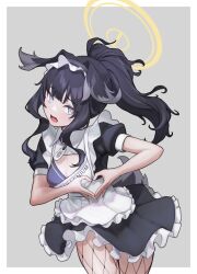 Rule 34 | 1girl, alternate costume, ama doooo, animal ears, black dress, black hair, blue archive, blue eyes, breasts, bright pupils, cleavage, collar, commentary, dog ears, dog girl, dress, english commentary, enmaided, fang, fishnets, grey background, halo, heart, heart hands, hibiki (blue archive), highres, looking at viewer, maid, maid headdress, medium breasts, medium hair, name tag, open mouth, petticoat, ponytail, sidelocks, simple background, solo, standing, white pupils