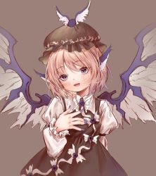 Rule 34 | 1girl, 80isiiii, :d, animal ears, bird ears, bird wings, blush, breasts, brown background, brown dress, brown hat, dress, feathered wings, frills, hand on own chest, hand up, hat, head tilt, highres, juliet sleeves, long sleeves, looking at viewer, mob cap, mystia lorelei, nail polish, open mouth, pink hair, puffy sleeves, purple eyes, purple nails, short hair, simple background, small breasts, smile, solo, touhou, upper body, wings, ||/