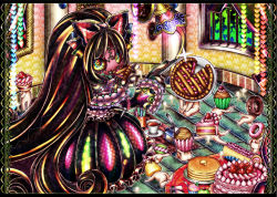Rule 34 | 1girl, abstract, butter, cake, colorful, cupcake, doughnut, dress, eating, food, fruit, knife, long hair, looking at viewer, looking back, original, pancake, pie, plate, pudding, ribbon, senmu (0107), strawberry, tagme, very long hair