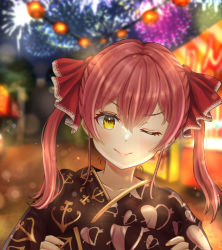Rule 34 | 1girl, ;), absurdres, anchor print, black kimono, blurry, blurry background, closed mouth, depth of field, fireworks, food stand, hair ribbon, highres, hololive, houshou marine, japanese clothes, kimono, looking at viewer, medium hair, nori chazuke, one eye closed, print kimono, red hair, red ribbon, ribbon, smile, solo, summer festival, twintails, v-shaped eyebrows, virtual youtuber, yellow eyes, yukata