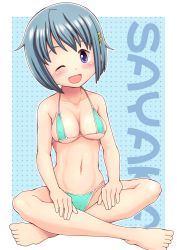 Rule 34 | 1girl, ;d, bare arms, bare legs, barefoot, bikini, blue eyes, blue hair, blush, breasts, character name, collarbone, feet, female focus, full body, hair ornament, hairclip, highres, indian style, legs, looking at viewer, mahou shoujo madoka magica, medium breasts, miki sayaka, navel, one eye closed, open mouth, polka dot, polka dot background, qm, short hair, sitting, smile, solo, swimsuit, toes