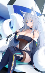 Rule 34 | 1girl, animal ear fluff, animal ears, azur lane, bare shoulders, blue arm warmers, blue eyes, boots, breasts, cleavage, closed mouth, collarbone, commentary request, covered navel, de-zeru, fox ears, fox girl, grey hair, highres, holding, holding umbrella, kitsune, kyuubi, large breasts, long hair, looking at viewer, multicolored leotard, multiple tails, official alternate costume, panty straps, race queen, shinano (azur lane), shinano (moonlit chrome) (azur lane), sitting on car, smile, solo, tail, thighhighs, thighhighs under boots, umbrella, white tail