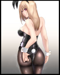 Rule 34 | 1girl, adjusting clothes, adjusting leotard, animal ears, ass, back, backless outfit, bare shoulders, big.g, blonde hair, blush, breasts, deep skin, detached collar, fake animal ears, fishnet pantyhose, fishnets, from behind, highres, large breasts, leotard, long hair, looking at viewer, looking back, open mouth, original, pantyhose, playboy bunny, rabbit ears, rabbit tail, red eyes, shiny clothes, shiny skin, sideboob, solo, tail, wrist cuffs