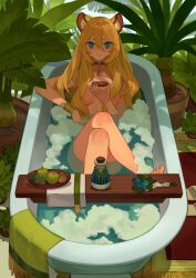 Rule 34 | 1girl, animal ear fluff, animal ears, apple, bath, bathing, bathtub, blonde hair, blue eyes, blue flower, blue nails, bottle, breasts, choker, closed mouth, commentary, completely nude, crossed legs, cup, english commentary, flower, food, fruit, hair between eyes, hair censor, highres, holding, holding cup, long hair, medium breasts, nail polish, nude, original, plant, potted plant, reclining, solo, very long hair, vinoker
