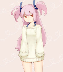 Rule 34 | 10s, 1girl, angel beats!, asababa kure, bad id, bad pixiv id, bare shoulders, bottomless, female focus, hair ribbon, halterneck, hands in pockets, long hair, long sleeves, naked sweater, pink hair, red eyes, ribbon, sleeves past wrists, smile, solo, sweater, twintails, two side up, yui (angel beats!)