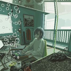 Rule 34 | 1girl, animated, animated gif, black eyes, black hair, bubble, closed mouth, computer, day, fish, fish tank, indoors, laptop, long sleeves, looking away, motocross saito, original, pixel art, refraction, short hair, sitting, solo, sweater, white sweater