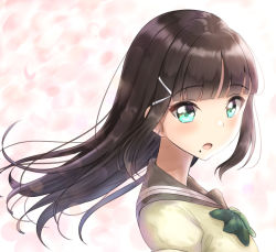 Rule 34 | 10s, 1girl, black hair, blush, bow, bowtie, brown sailor collar, brown shirt, commentary request, green bow, green bowtie, green eyes, hair ornament, hairclip, kurosawa dia, long hair, looking at viewer, looking to the side, love live!, love live! sunshine!!, mole, mole under mouth, open mouth, puffy short sleeves, puffy sleeves, sailor collar, school uniform, shirt, short sleeves, sidelocks, sin (sin52y), solo, upper body, uranohoshi school uniform