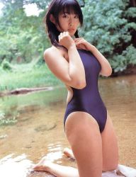 Rule 34 | 1girl, asian, breasts, brown hair, dripping, grass, kneeling, one-piece swimsuit, photo (medium), plant, sand, short hair, sitting, solo, spread legs, swimsuit, thighs, tree, water, waves