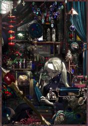 Rule 34 | 1girl, black dress, blurry, blurry foreground, book, book stack, cigarette, clock, computer, corded phone, doll, dress, feathers, grey eyes, grey hair, highres, long hair, narue, original, phone, smoking, solo, twintails