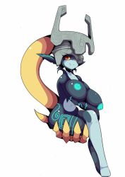 Rule 34 | 1girl, absurdres, alternate breast size, black skin, breasts, colored sclera, colored skin, fang, full body, grin, helmet, highres, huge breasts, long hair, long pointy ears, midna, multicolored skin, navel, nintendo, nipples, no toes, one eye covered, orange hair, pointy ears, ponytail, red eyes, smile, snarkilly1111, solo, the legend of zelda, the legend of zelda: twilight princess, two-tone skin, yellow sclera