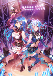 Rule 34 | 2girls, :d, absurdres, ahoge, android, aqua hair, asymmetrical footwear, asymmetrical gloves, asymmetrical legwear, bili girl 22, bili girl 33, bilibili, black legwear, blue hair, blue headwear, blue neckwear, blue shorts, blush, breasts, buckle, carminar, cleavage, elbow gloves, fingerless gloves, full body, glint, gloves, hair ornament, hat, hat tip, high heels, highres, holding, holding clothes, holding hat, holding wand, leg up, long hair, looking at viewer, medium breasts, mini hat, multiple girls, navel, necktie, open mouth, parted lips, red eyes, red headwear, red legwear, ribbon, short hair, short ponytail, shorts, side ponytail, single elbow glove, single thighhigh, skirt, small breasts, smile, standing, standing on one leg, star (symbol), star hair ornament, stomach, strap, suspender shorts, suspenders, thighhighs, top hat, underbust, uneven footwear, uneven gloves, uneven legwear, unworn hat, unworn headwear, wand