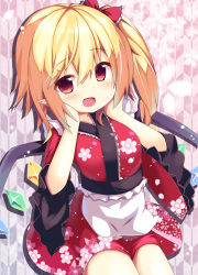 Rule 34 | 1girl, :d, absurdres, alternate costume, blonde hair, bow, flandre scarlet, hair bow, hair ribbon, hands on own cheeks, hands on own face, has bad revision, has downscaled revision, highres, japanese clothes, kimono, kimono skirt, lolita fashion, long hair, looking at viewer, md5 mismatch, ominaeshi (takenoko), open mouth, pointy ears, red eyes, resolution mismatch, ribbon, side ponytail, smile, solo, source smaller, touhou, wa lolita, wings, yagasuri
