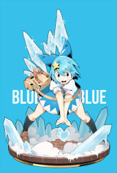 Rule 34 | 1girl, bag, blue background, blue dress, blue eyes, blue hair, blue theme, bow, cirno, dress, faux figurine, hair bow, hair ornament, heart, highres, ice, ice crystal, ice wings, matching hair/eyes, open mouth, puffy short sleeves, puffy sleeves, shirt, short sleeves, shoulder bag, simple background, smile, sofa (enogunomu), solo, star (symbol), star hair ornament, touhou, v arms, wings