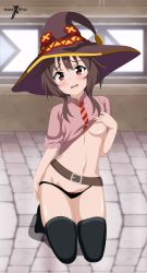 Rule 34 | 1girl, absurdres, artist name, blush, bow, bow panties, breasts, brown hair, flustered, hat, highres, incredibly absurdres, indexryo, kono subarashii sekai ni shukufuku wo!, long hair, megumin, necktie, open mouth, panties, red eyes, small breasts, solo, thighhighs, underboob, underwear, witch hat