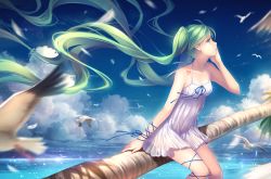 Rule 34 | 1girl, absurdly long hair, bare shoulders, beach, bird, bow, branch, camisole, cloud, collarbone, day, dress, floating hair, green eyes, green hair, halterneck, hand on own cheek, hand on own face, hatsune miku, long hair, long legs, looking away, matching hair/eyes, ocean, outdoors, palm tree, profile, seagull, sitting, sky, solo, spaghetti strap, tidsean, tree, twintails, very long hair, vocaloid, water, white dress