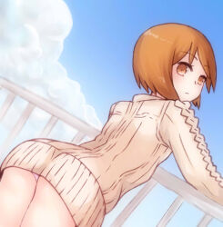 1girl aran_sweater ass blue_sky brown_eyes brown_hair cable_knit closed_mouth commentary cowboy_shot day dress from_behind i.u.y kinuhata_saiai leaning_forward light_blush long_sleeves looking_at_viewer medium_hair outdoors panties pantyshot pink_panties railing short_dress sky solo sweater sweater_dress toaru_majutsu_no_index underwear white_dress white_sweater