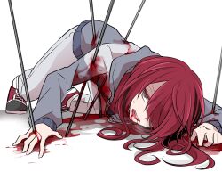 Rule 34 | 1girl, blood, blood on clothes, blood on ground, brown eyes, call of cthulhu, guro, impaled, light smile, lying, on stomach, red hair, white background, yayoi sekai