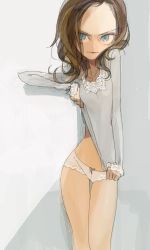 Rule 34 | 1girl, amiami, blue eyes, brown hair, clothes lift, derivative work, female focus, original, panties, photo-referenced, shirt lift, solo, thigh gap, underwear, white panties