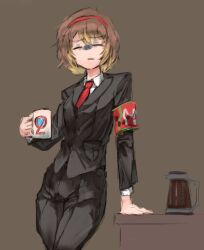 Rule 34 | 1girl, armband, black background, black jacket, black pants, brown hair, closed eyes, coffee mug, coffee pot, collared shirt, cup, hairband, jacket, lobotomy corporation, long sleeves, malkuth (project moon), mug, necktie, open mouth, pants, project moon, red armband, red hairband, red necktie, schtiglez, shirt, short hair, simple background, solo, white shirt, wing collar