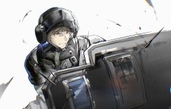 Rule 34 | 1boy, arknights, ballistic face shield, ballistic helmet, ballistic shield, blitz (rainbow six siege), crossover, dadijiji, dazzler (weapon), electroshock weapon, flash shield, g52-tactical shield, grin, helmet, highres, less-than-lethal weapon, long sleeves, police, police uniform, rainbow six siege, shield, simple background, smile, solo, stun shield, teeth, uniform, vest, visor, visor (armor), white background, white hair, yellow eyes