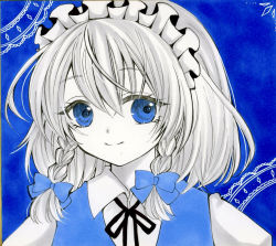 Rule 34 | 1girl, black bow, black bowtie, blue background, blue bow, blue dress, blue eyes, blue theme, bow, bowtie, braid, closed mouth, collared shirt, commentary request, crystal, dress, eyes visible through hair, grey hair, hair between eyes, hair bow, highres, izayoi sakuya, jewelry, looking to the side, maid, maid headdress, marker (medium), puffy short sleeves, puffy sleeves, shirt, short hair, short sleeves, simple background, smile, solo, touhou, traditional media, twin braids, upper body, white shirt, yuuki hana (jtnp5334)
