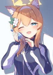 Rule 34 | 1girl, animal ear fluff, animal ears, blue archive, blue eyes, blush, bottle, breasts, flower, hair between eyes, hair flower, hair ornament, hairband, halo, highres, holding, holding bottle, jacket, long hair, long sleeves, looking at viewer, mari (blue archive), mari (track) (blue archive), minazumi souka, official alternate costume, one eye closed, open mouth, orange hair, small breasts, smile, solo, track jacket, twitter username, upper body, water bottle, white flower, white hairband, yellow halo