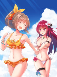 Rule 34 | 2girls, :d, :o, bad arm, bikini, blue sky, bow, breasts, brown hair, cattleya (flower knight girl), cleavage, cloud, day, closed eyes, facing viewer, flower bracelet, flower knight girl, frilled bikini, frills, hair between eyes, hair bow, holding hands, jewelry, kusumoto miya, large breasts, long hair, looking at another, medium breasts, multiple girls, navel, necklace, oncidium (flower knight girl), open mouth, orange bikini, orange bow, outdoors, ponytail, purple eyes, short ponytail, side-tie bikini bottom, sky, smile, standing, swimsuit, thigh strap, thighs, white bikini