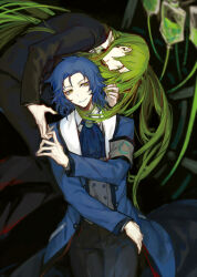 Rule 34 | 2boys, armband, ascot, black jacket, black pants, blue ascot, blue coat, blue hair, blue nails, chesed (project moon), closed mouth, coat, collared shirt, commentary request, green eyes, green hair, green nails, grey vest, intravenous drip, jacket, lobotomy corporation, long sleeves, male focus, multiple boys, netzach (project moon), nishikujic, open clothes, open coat, pants, parted lips, project moon, shirt, short hair, smile, vest, white shirt, yellow eyes
