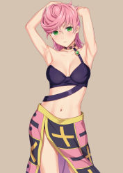 Rule 34 | 1girl, armpits, arms behind head, arms up, banned artist, bare arms, bare shoulders, breasts, brown background, collarbone, eyebrows hidden by hair, green eyes, hair between eyes, head tilt, jojo no kimyou na bouken, looking at viewer, medium breasts, n.g., navel, parted lips, pink hair, simple background, solo, standing, trish una, vento aureo